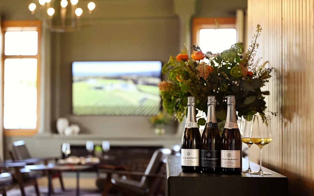 Three bottles of Lytle-Barnett sparkling wine in the tasting room