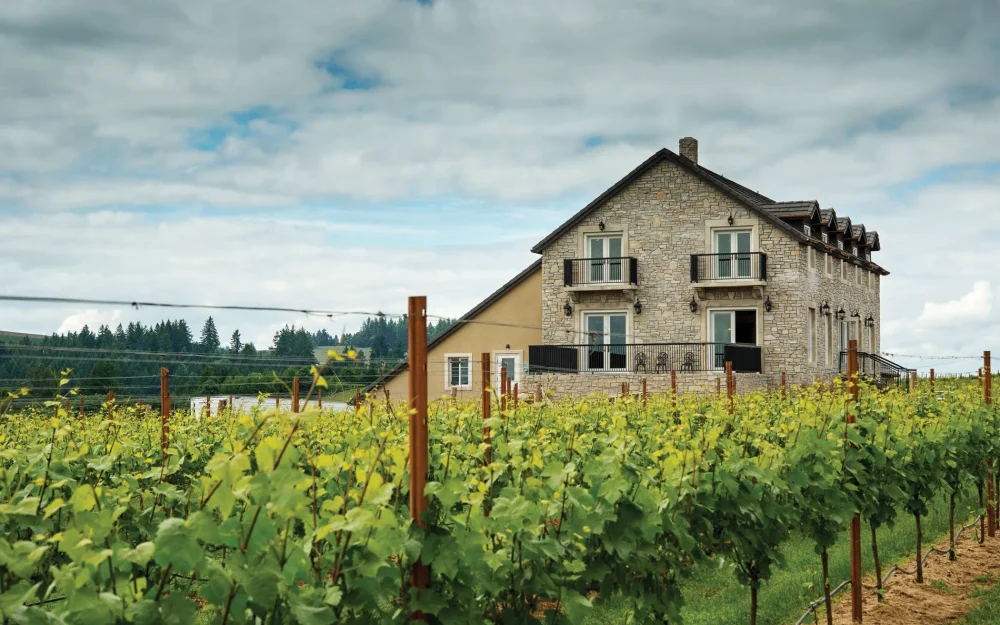 Exterior of the Bjornson Vineyard tasting room in the Eola-Amity Hills, Willamette Valley, Oregon