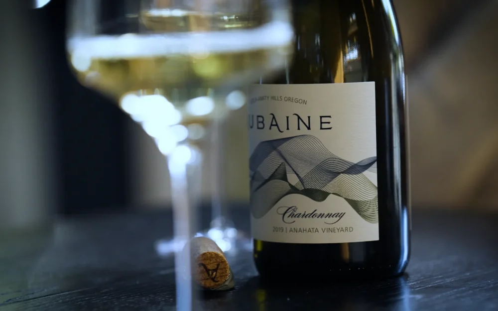 Bottle and glass of Aubaine wine