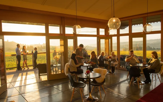 Inside the sunny Bethel Heights tasting room in Eola-Amity Hills, Willamette Valley, Oregon