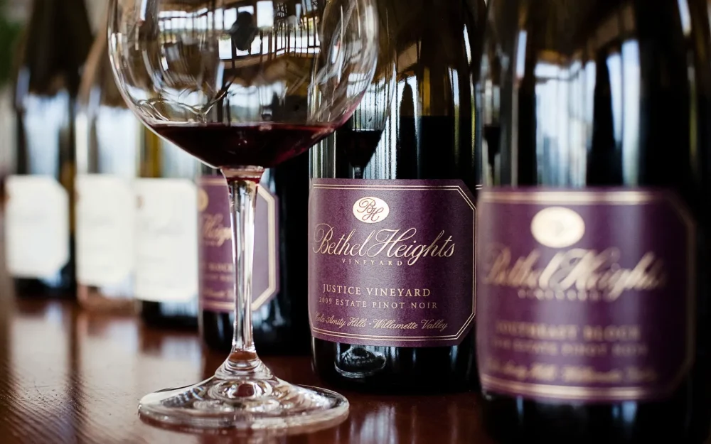 Bottles and a glass of Bethel Heights wine