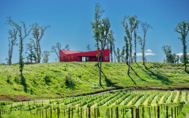 Exterior of the Corollary tasting room with a vineyard view in Eola-Amity Hills, Willamette Valley, Oregon